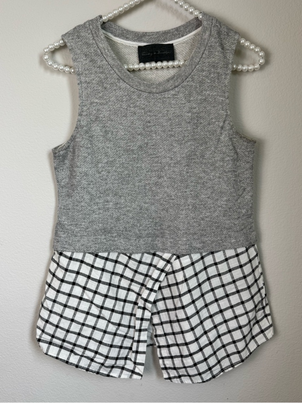 Anthropology Gray Sleeveless Layered-Look Top with Black & White Plaid Hem
